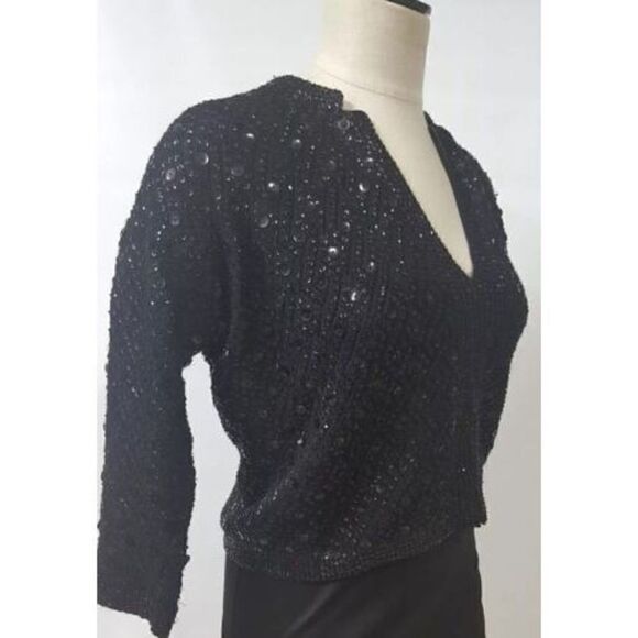 Cyn Les Short Black V Neck Sweater size 36 US Small Sequins Lined 3/4 Sleeve Vtg - Picture 2 of 9
